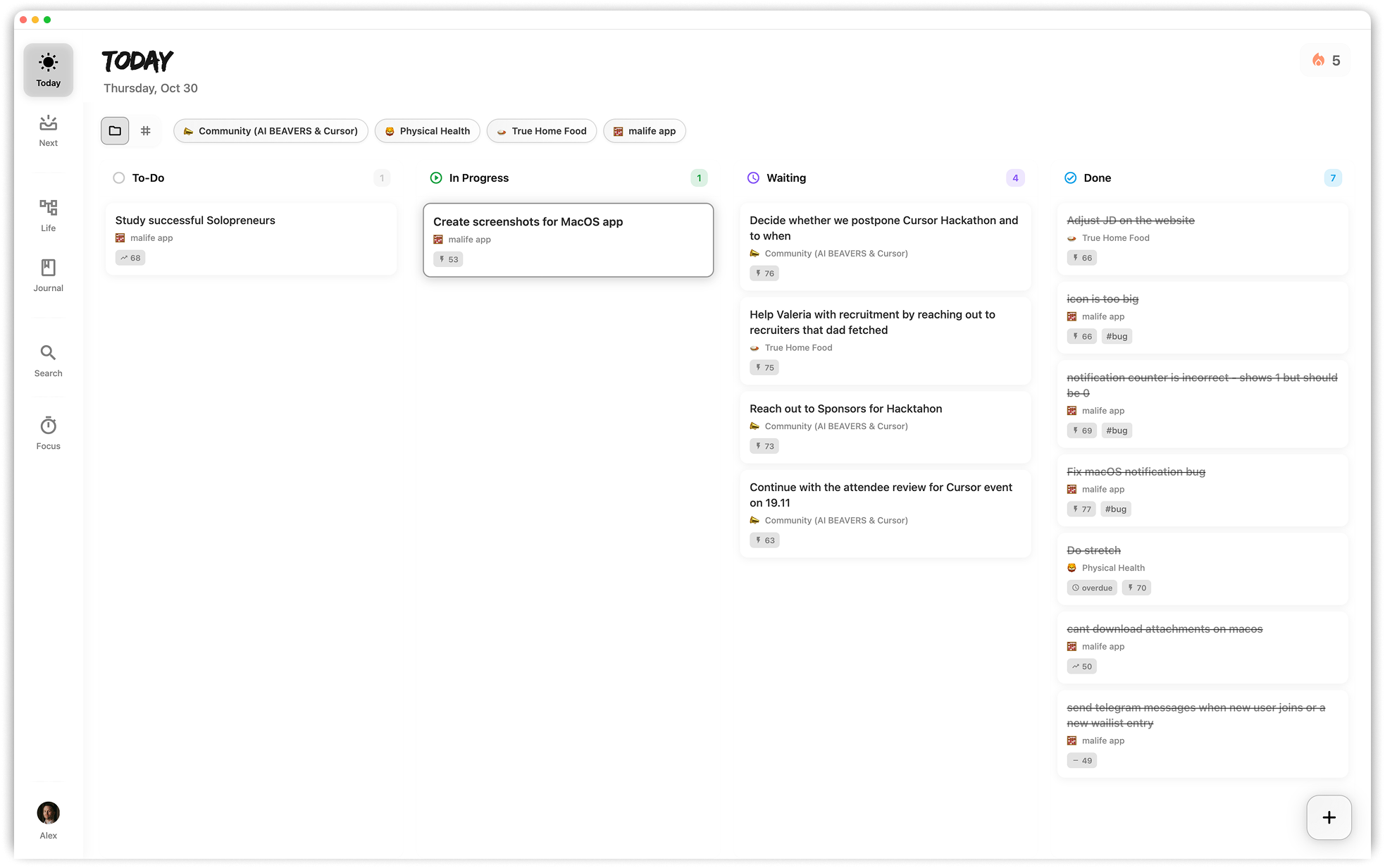 Life Areas view in malife